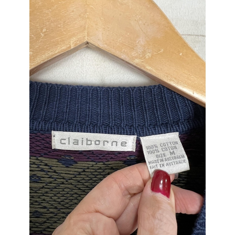 Vintage Claiborne Sweater Mens Medium Blue Geometric Knit Cardigan Australia 90s - Picture 3 of 7